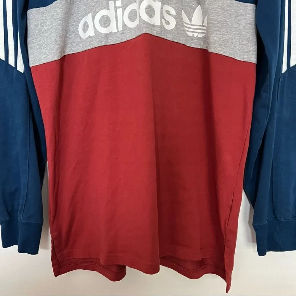 Adidas Polo Shirt Mens Size M 3-Stripes Long Sleeve Rugby Blue Red Gray